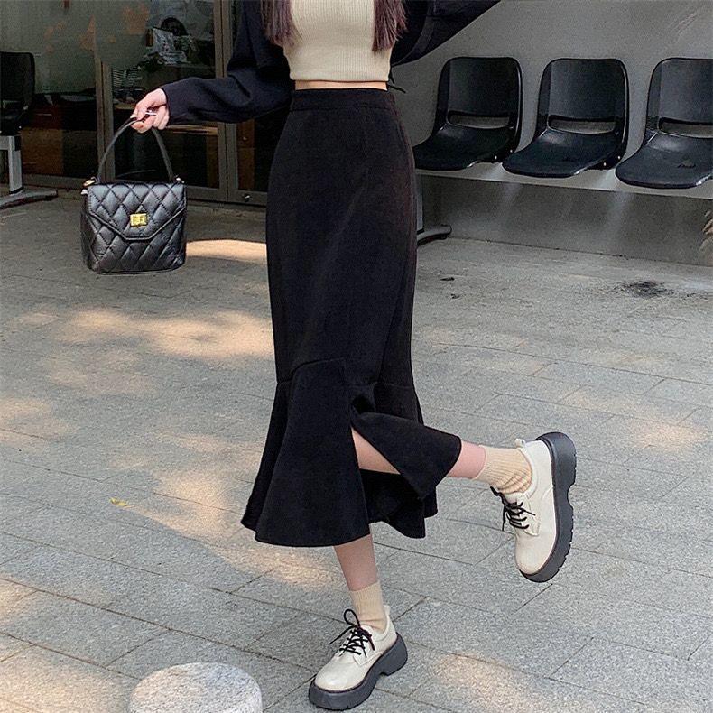 Slim-Fitting High Waist Split Mermaid Skirt Women's Autumn Winter Korean Style Mid-Length Elegant A-Line Bodycon Midi Skirt