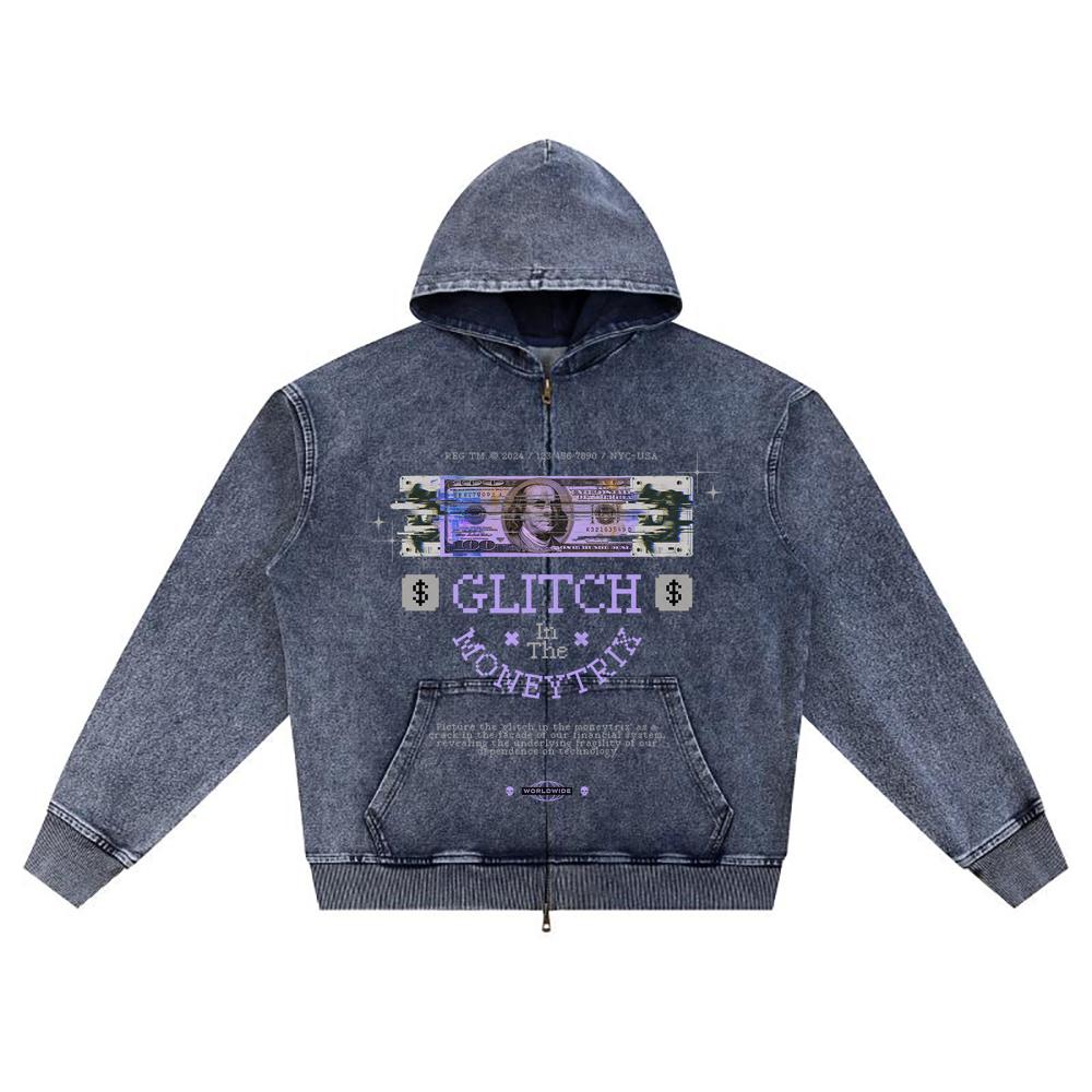 

DTG print Knitted Denim Zip-Up Hoodie Glitch In The Moneytrix Brother Print Zipper Hoodies XL темно-синий