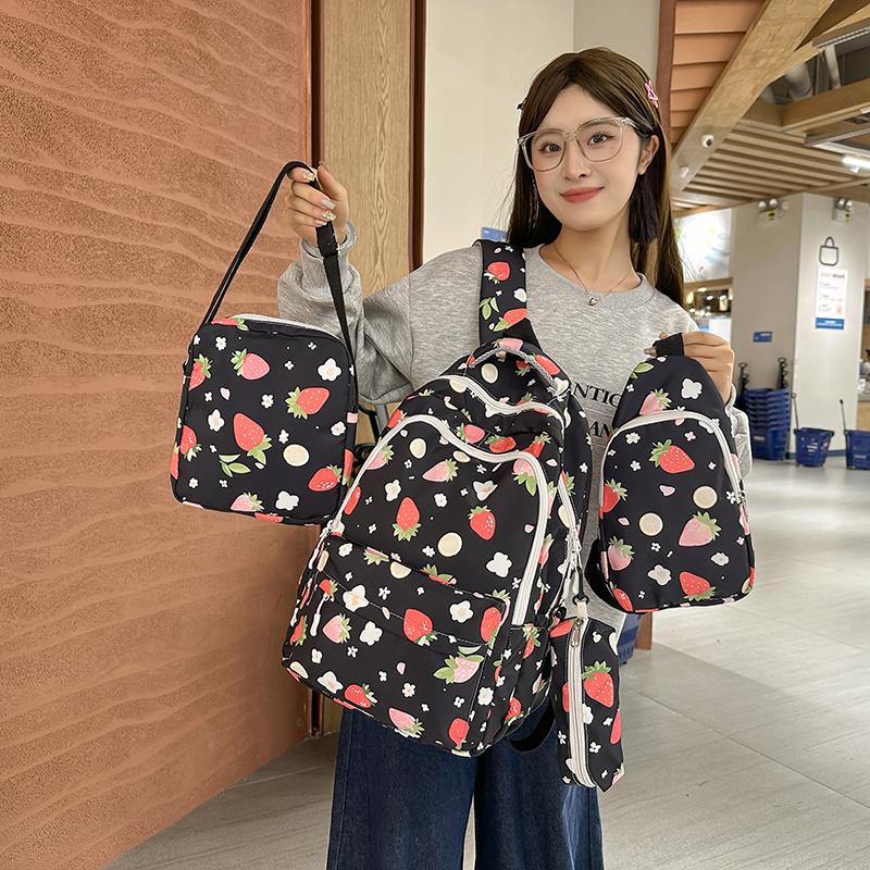 Four-Piece Strawberry Schoolbag Travel Backpack Women's Large Capacity Printed Backpack for Students