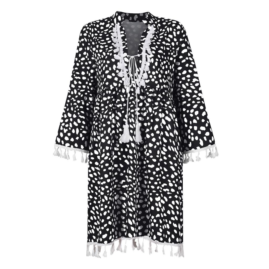 Women Three-quarter Sleeve Boho Polka Dot Printed Dress Tassel V-neck Dress