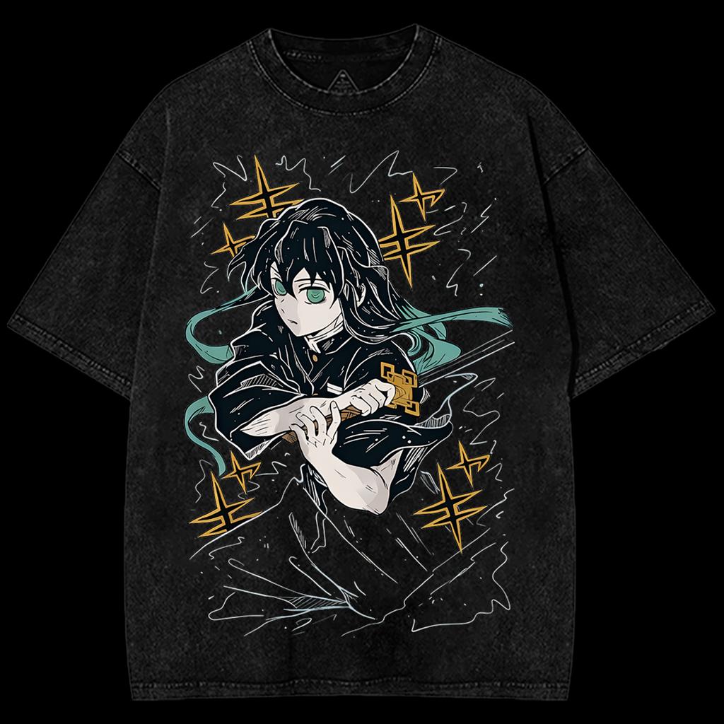 Japanese Streetwear Vintage Washed Oversized T-shirt Men Women Heavyweight Demon Slayer Muichiro Tokito Anime Short Sleeve Female Male Clothing