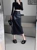 Women's Black PU Leather Midi Skirt: High-Waist, Hip-Hugging, Autumn/Winter 2025 Style.