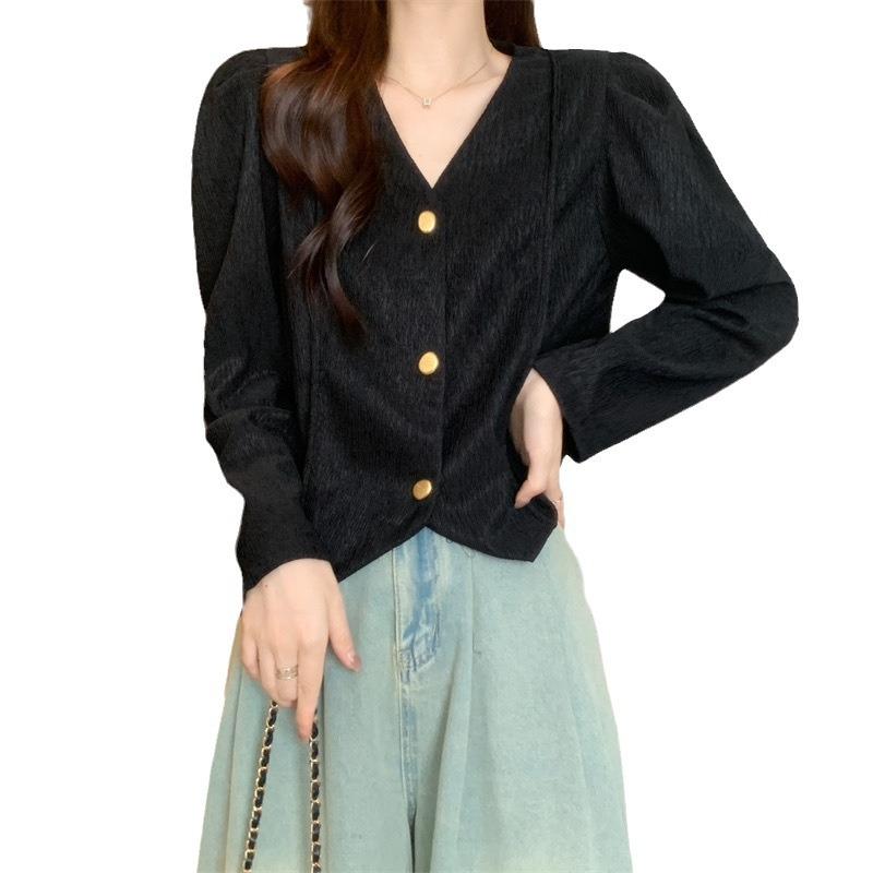 Design V Neck Knit Cardigan Women Autumn Winter Youthful Slim Color Block Puff Long Sleeve Crop Top