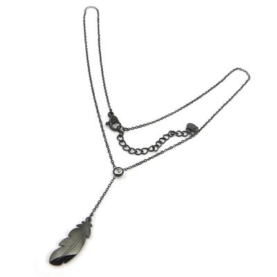 [P7893] - Black 'Boho' Steel Designer Necklace (feather) - 20x7 Mm