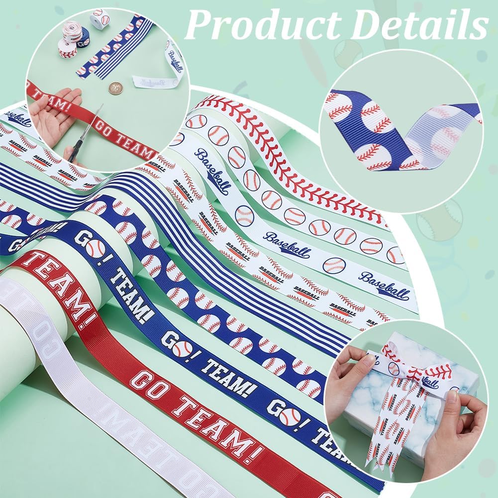 PH PandaHall 8 Rolls Baseball Ribbons 20 Yards Sports Ball Printed Ribbon White Blue Red Grosgrain Baseball Ribbon Craft Fabric Ribbons for Sports