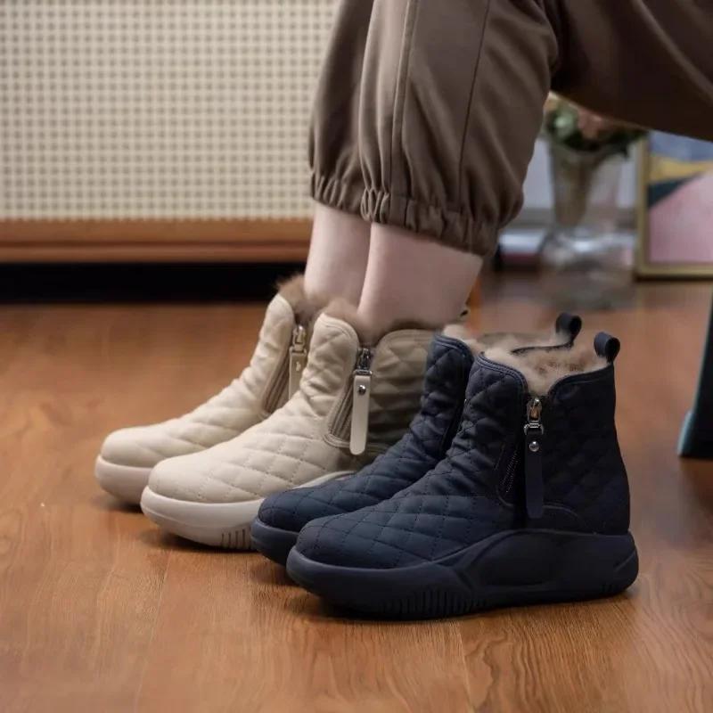 Mode Damen Schuhe 2024 Neu Seitlicher Reißverschluss Damen Plateau Stiefel Winter Runde Zehen Plüschfleece für Wärme Einfarbig Kurzer Schaft Schneestiefel