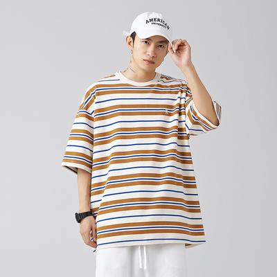 Men's Fashion Brand Retro Contrasting Striped T-shirt for Men's Spring/summer New Loose and Versatile Couple Style Short Sleeved