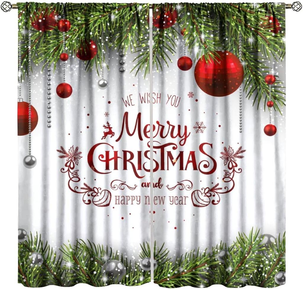 Merry Christmas Winter Snowman Curtain Xmas Tree Snowflake Holiday Curtains Bedroom Living Room Bathroom Red Polyester Sitting Window Treatment