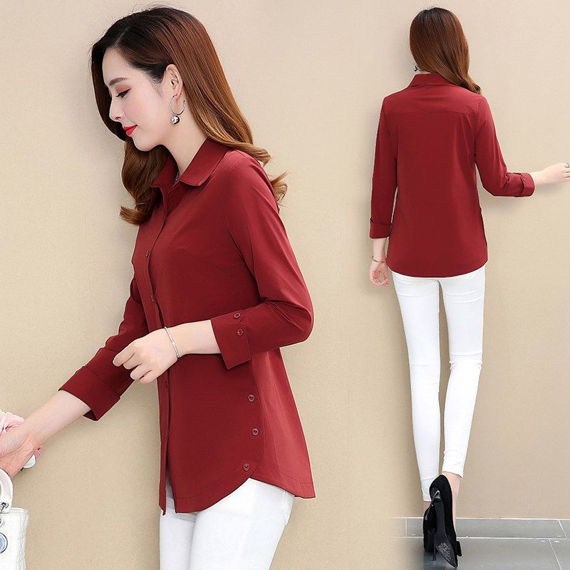 Frauen Frühling Herbst Neue Neun Viertel Sleeve Shirt Top Mama der Outwear Einfarbig Drehen Unten Kragen Bodenbildung Bluse m-5XL