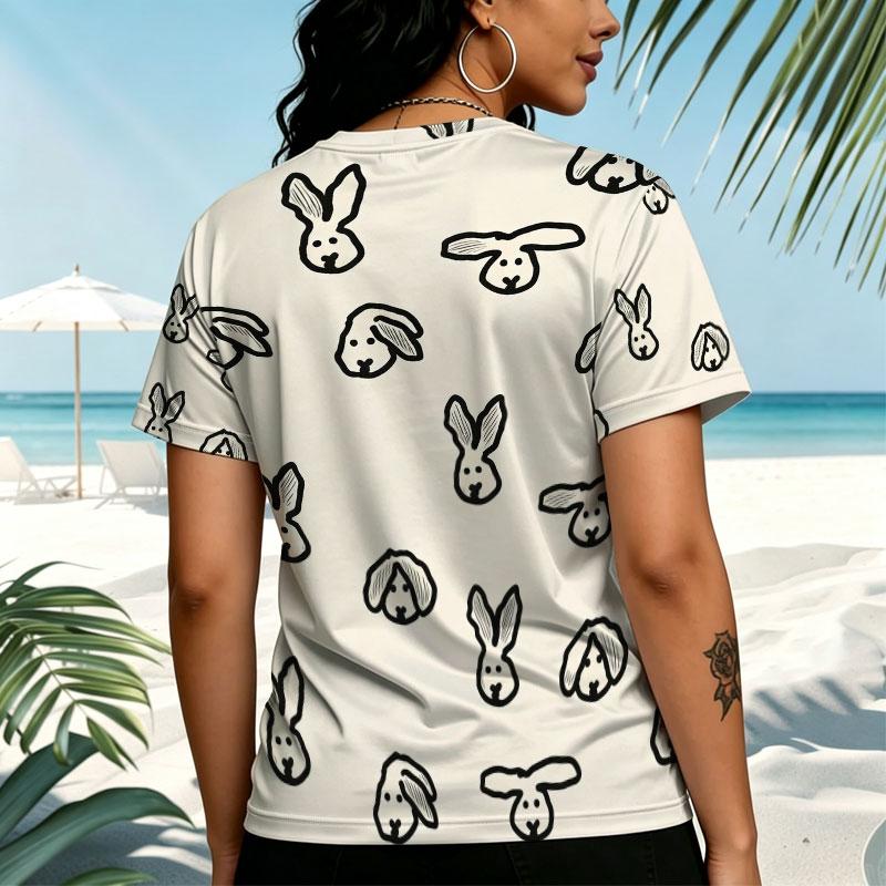 Women's Korean Style Rabbit Series Round Neck Short Sleeve T-Shirt Simple Design, Comfortable Fabric, Versatile for Daily Casual & Short Trips