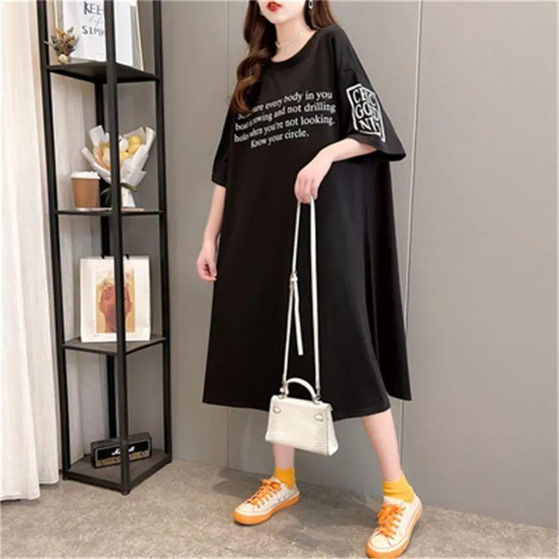 Plus Size Women Summer Short Sleeve Dress Korean Style Loose Mid Dresses Oversized Letter Print Black Dress