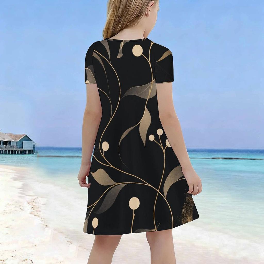 Girls Round Neck Short Sleeve A Line Flared Hem Printed Dress