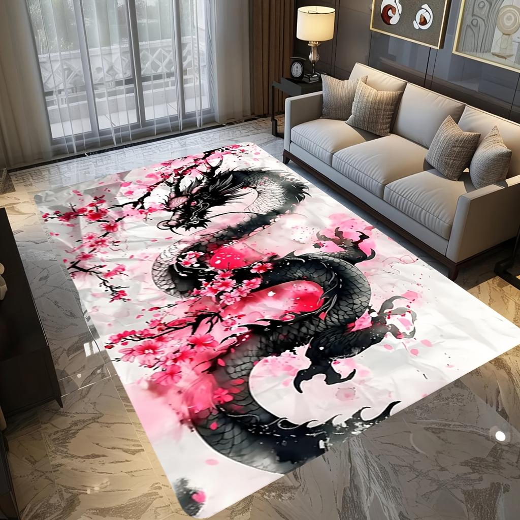 Cherry Blossom Dragon Rug Velvet Flannel Printed Floor Mat Asian Art Design Decorative Carpet Living Room Home Decor