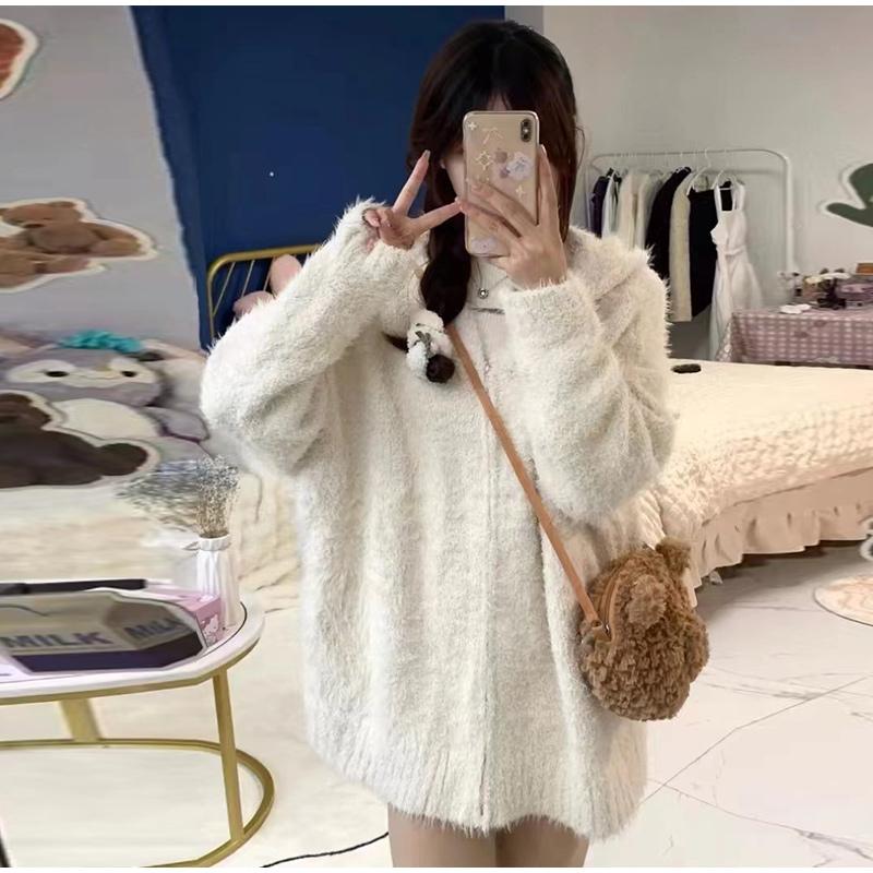 Осень-зима женские вязаные кардиганы с меховым капюшоном и длинным рукавом на молнии свободная вязаная верхняя одежда белый 2845₽