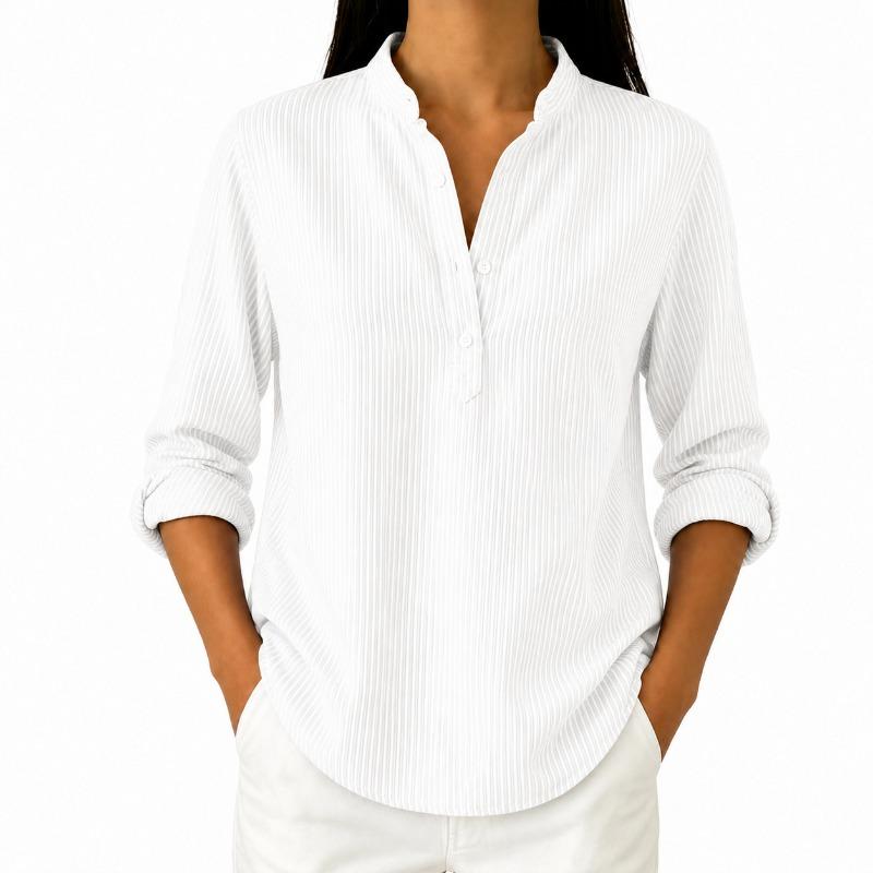Women Stand Collar Vertical Stripe Long Sleeve Shirt Solid Green Half Button Casual Blouse
