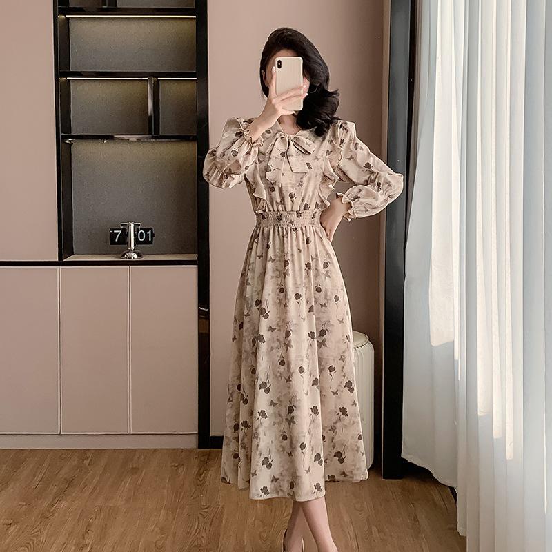 Korean Ruffle Print Chiffon Dress with Puff Sleeves