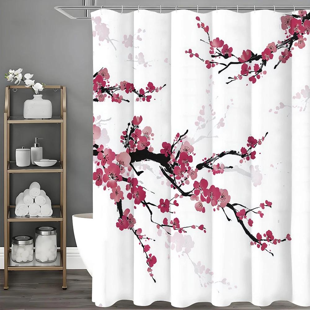Chinese Ink Painting Peach Blossom Shower Curtain, Bathroom Decorative Shower Curtain, Waterproof Shower Curtain with Hooks