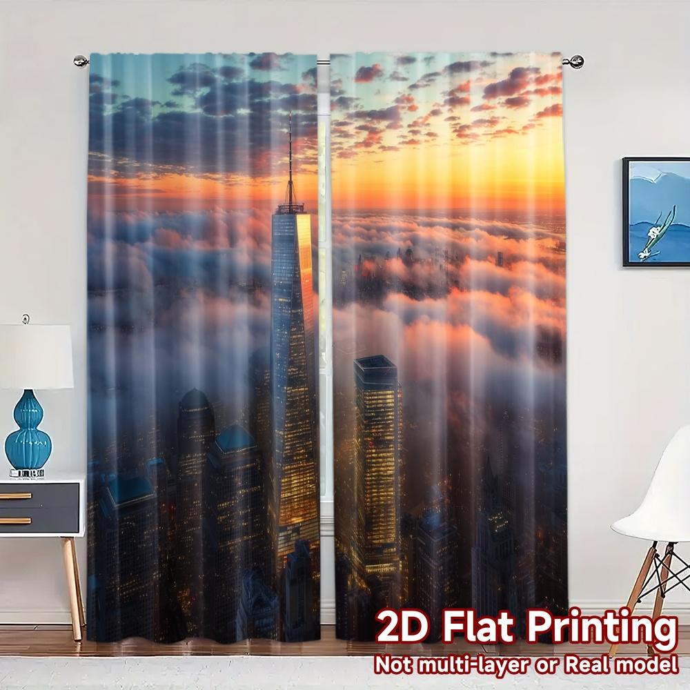 2pcs, 2D FLAT PRINTING Curtains (Without Rod) Skyline Glow Popular Creative Curtains Prints Light Filtering Curtains Room Decor