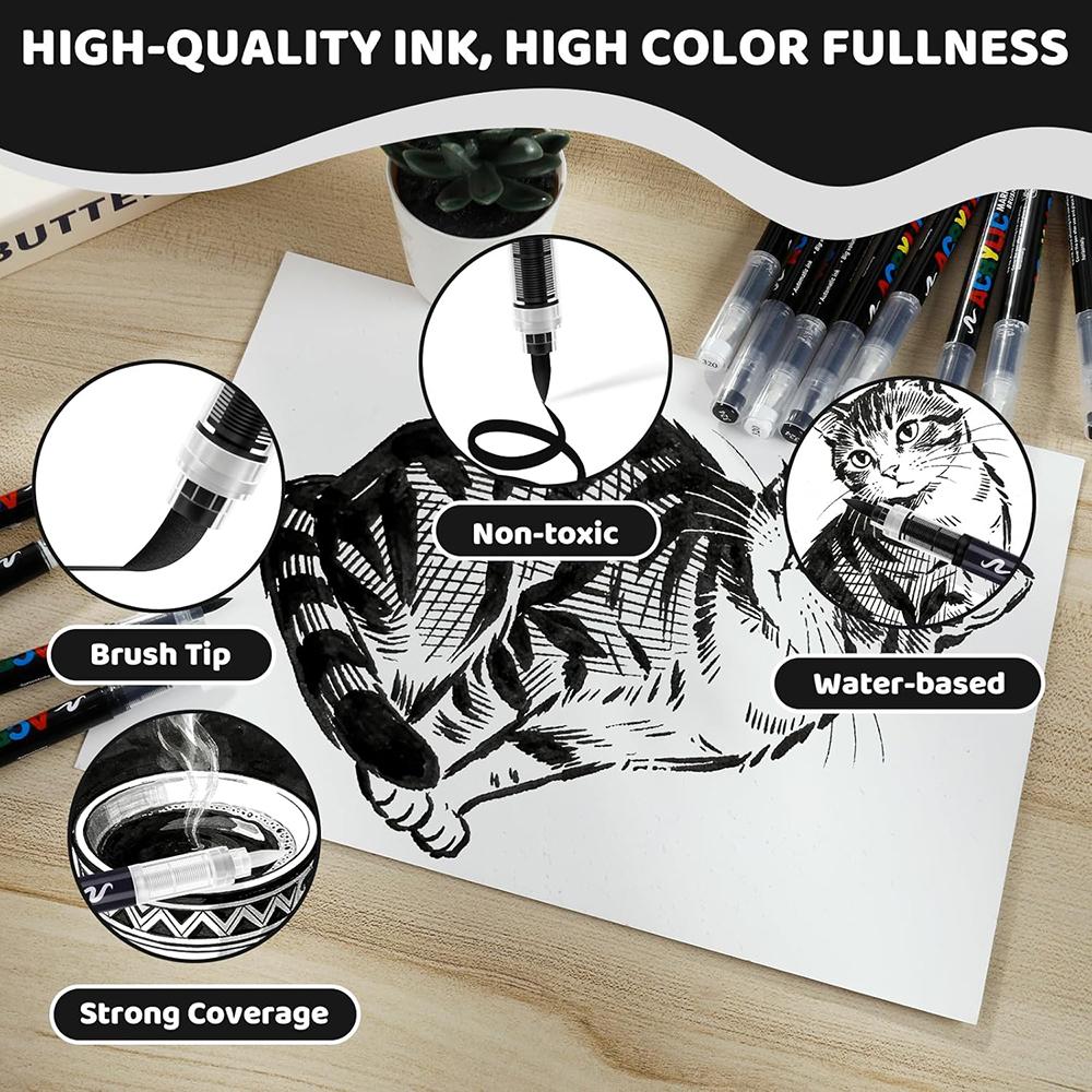 Weiß & Schwarz Acrylfarbe Stifte Sets 8er Pack Farbe Stifte Marker Pinselspitze & Direkter Tintenfluss Geeignet für Steinmalerei DIY Basteln