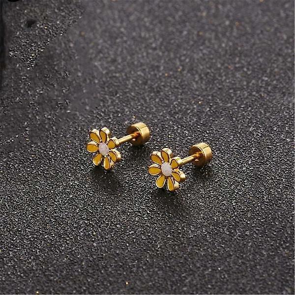 18G Cute Daisy Flower Stud Cartilage Earrings for Women Girls 14K Gold Plated Stainless Steel Enameled Fine Screw Back