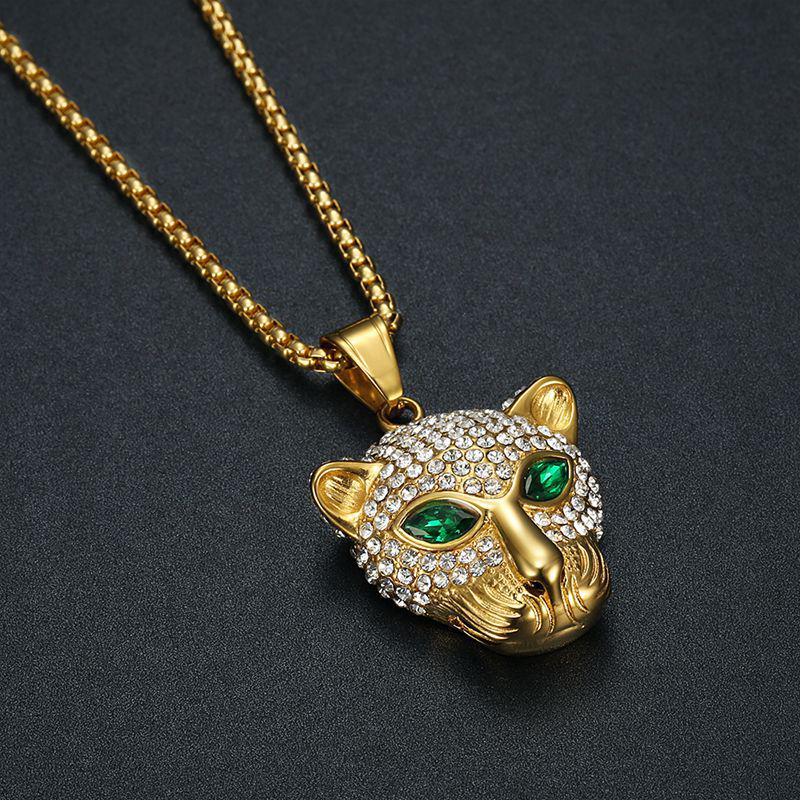 Trendy Unisex Hip Hop Leopard Pendant Necklace with Green and Red Diamond Eyes