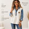 Women Contrast Denim Spliced Collar Sweatshirt, Henley Button Placket Loose‑Fit Top, Soft Comfort Long Sleeve Blouse for Ladies Daily Street Casual