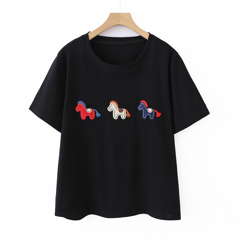 2026 Plus Size Cotton T-Shirt with Horse Patch - Short Sleeve, Round Neck, Fashionable Top for Fat Girls