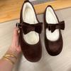 Small inner height increase 5cm Mary Jane shoes women's leather fashion round head bow one-word buckle with velvet single shoes