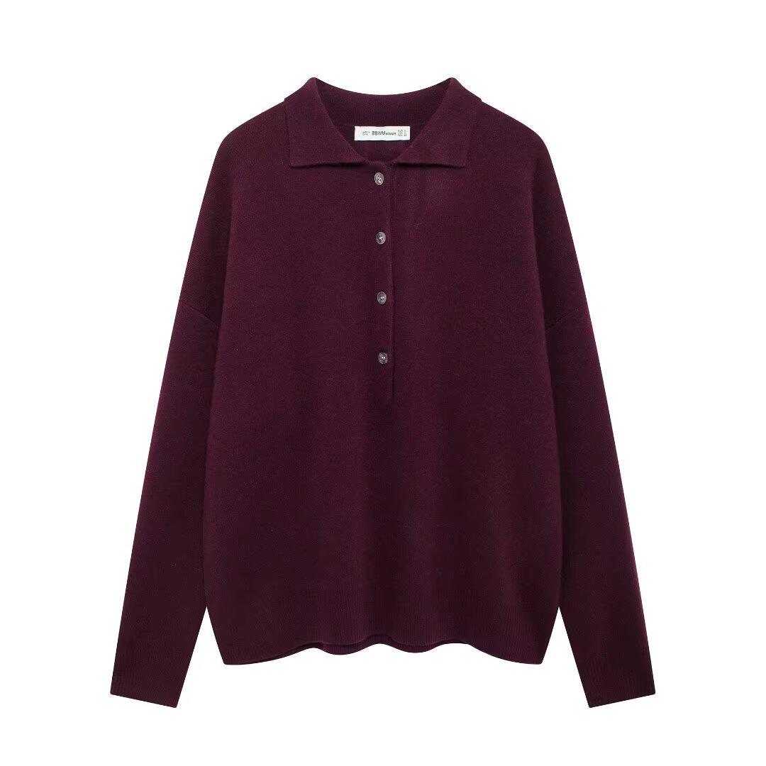 

Женский вязаный кардиган из смесовой шерсти с отворотом и однобортным дизайном Large пурпурно красный