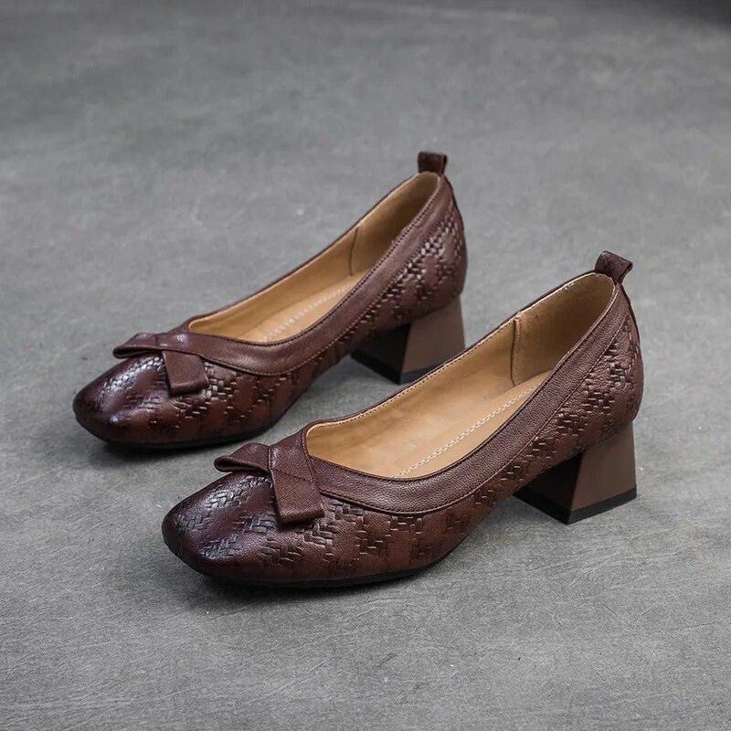 Johnature Versatile Fashion Thick Heel Pumps Retro Genuine Leather Square Toe Women's Heels Shoes