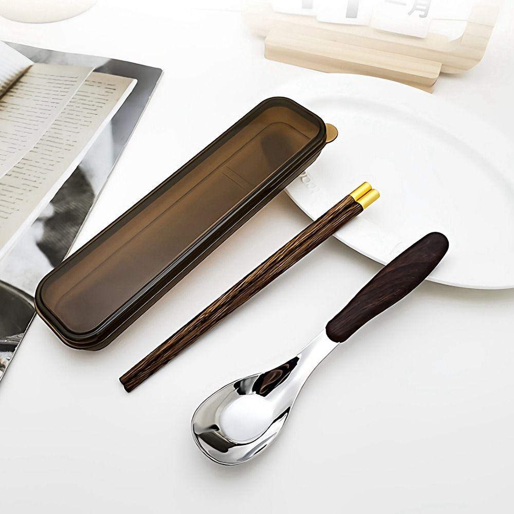Wood Grain Handle Stainless Steel Spoon Japanese Style Two-Piece Tableware  Utensil Storage