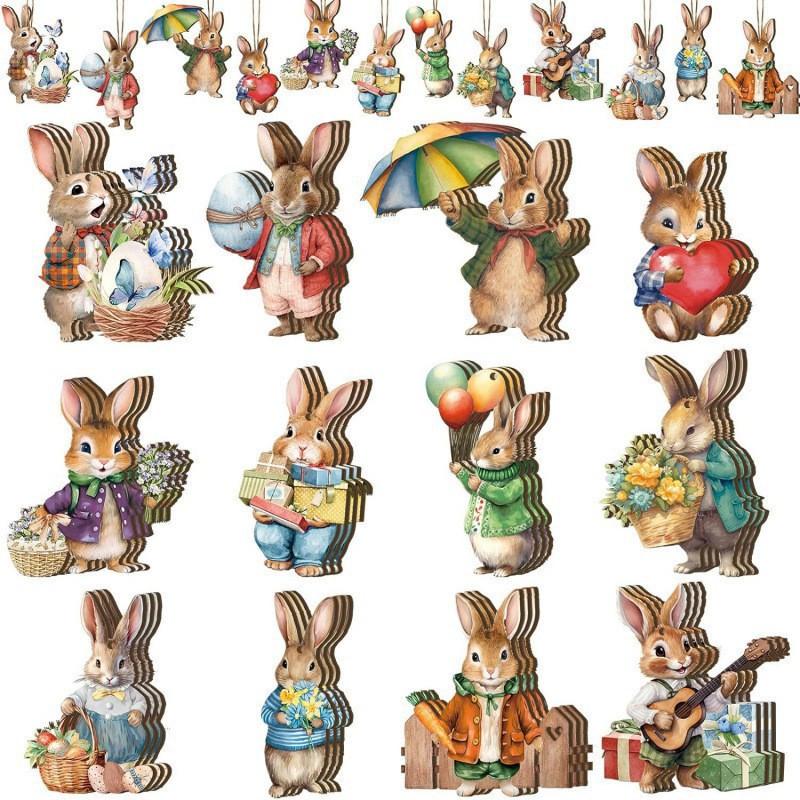 Easter Wooden Rabbit Flower Basket Ornament Spring Hanging Pendant Wooden Happy Rabbit Ornament Pendant
