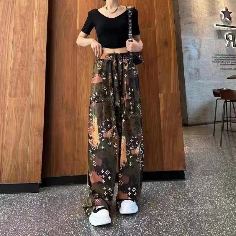 

Широкие брюки из ледяного шелка, женские летние драпированные брюки с высокой талией, свободные прямые повседневные солнцезащитные брюки в стиле ленивых чернил в стиле дзен One Size кофейный