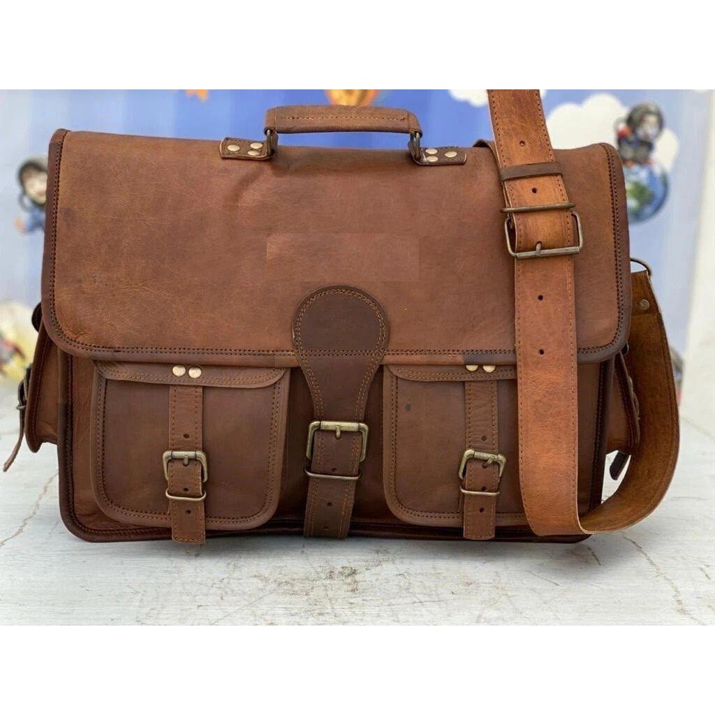 Men Genuine Brownish Leather Vintage Laptop Messenger Briefcase Bag Satchel