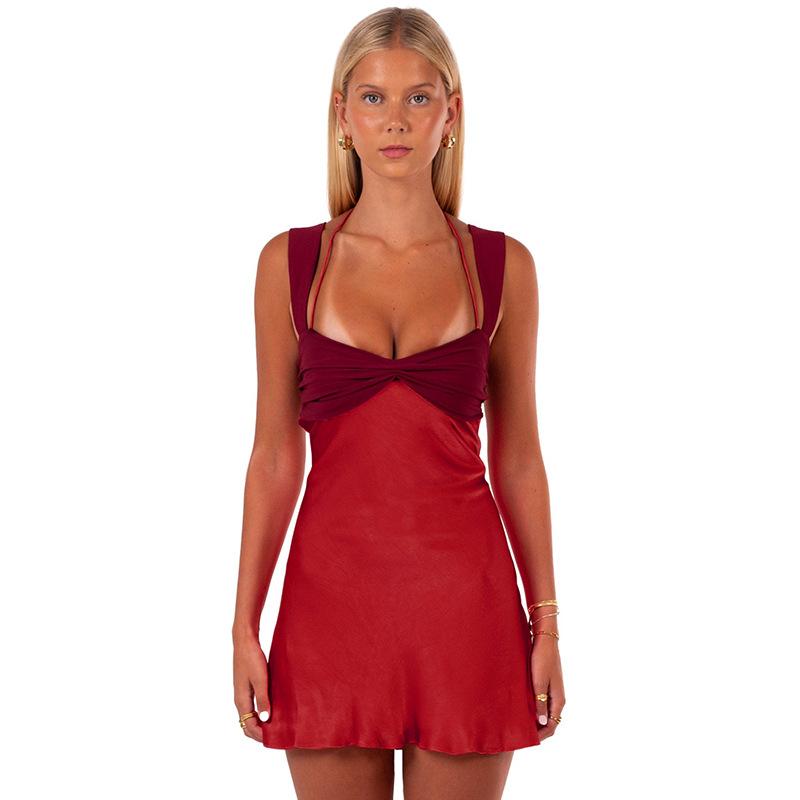 

Пэчворк Мини без рукавов Сатин Без бретелек Халтер Шнуровка Высокая талия Платье А-силуэта M красный