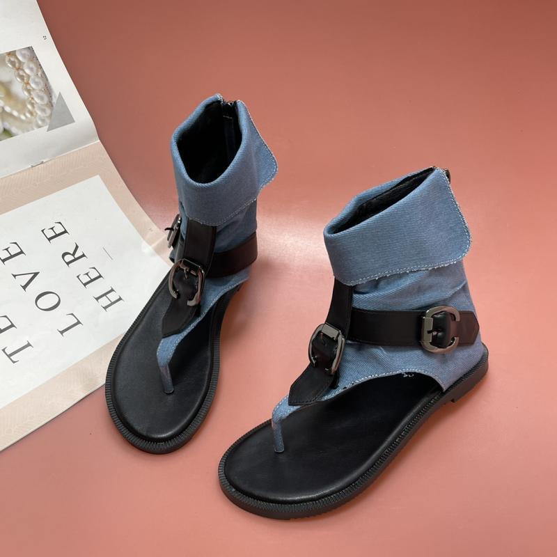 Vintage Roman Shoes Women's Flat Bottom 2025 Summer New Blue Denim Buckle Toe Soft Sole Versatile Sandals Women's Shoes