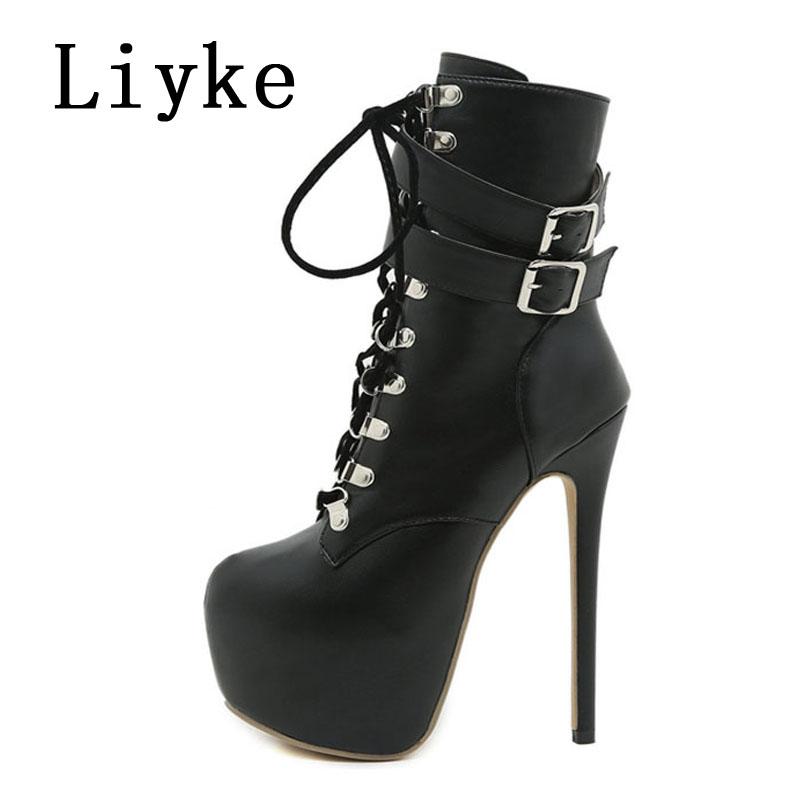 

Fashion Liyke Autumn Winter Platform Boots For Women Sexy Round Toe Buckle Strap Pole Dance High Heels Pumps Fashion Lace-Up Runway Shoe 35 чёрный