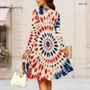 Women Plus Size Round Neck Long Sleeve Midi Dress Glitter Star Fireworks Swirl Print High Waist Swing Dress
