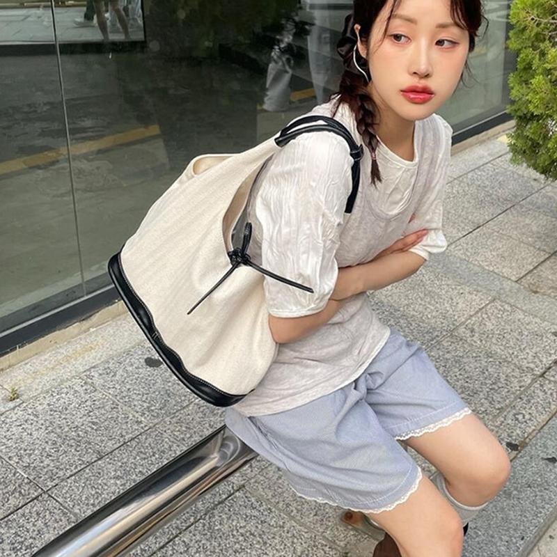 Dámská taška přes rameno v korejském stylu s velkou kapacitou, patchwork, jednoduchá cestovní nákupní taška, všestranná plátěná taška přes jedno rameno