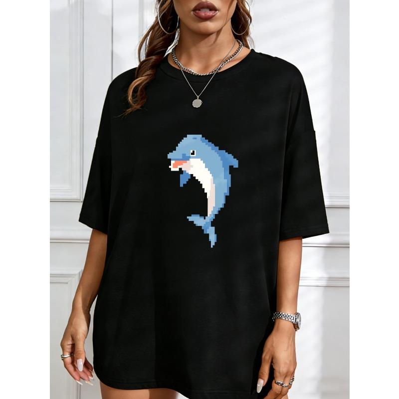 Crew Neck T Shirt White Dolphin Pixel Art Print Casual Summer Wear XXXXL белый