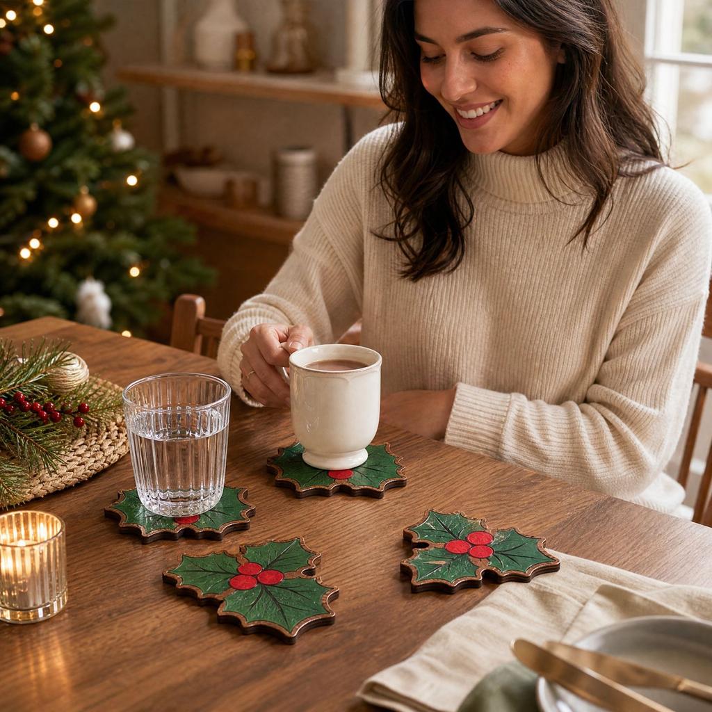 Christmas Holly Leaf Wooden Set of 4 for Holiday Dining Table Decorations
