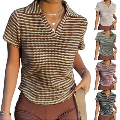 Women's Fashion Striped V Neck Knitted Short Sleeved Pullover T-shirt Top