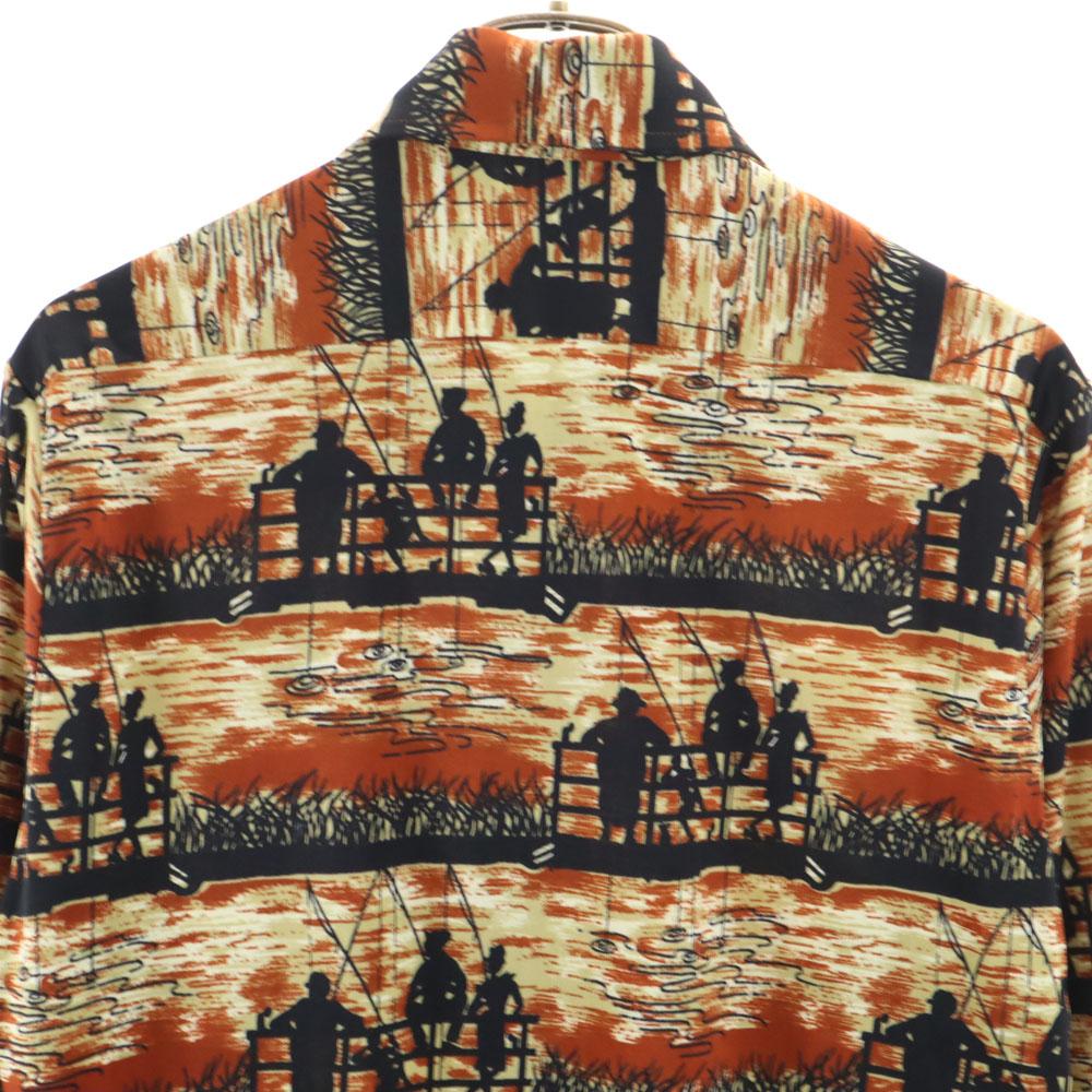 Vintage 70s Polyester Shirt Overall Handle Long Sleeve Shirt Brown Men's Used