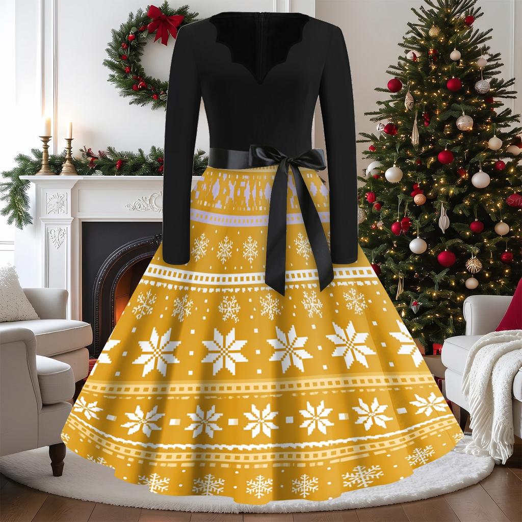 Women's Vintage Christmas Print V-Neck Long Sleeve Casual Dress