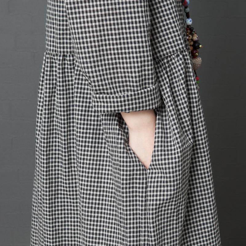 Autumn Literary Loose Plaid Mid Length Skirt Long Sleeved Dress