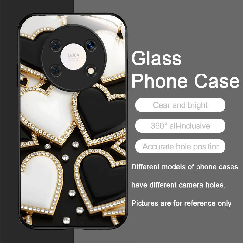 Stylish Black White Heart with Pearls Tempered Glass Phone Case for Huawei Honor 200 100 90 80 Magic 7 Pro 6 5 Lite X9 X8 Covers
