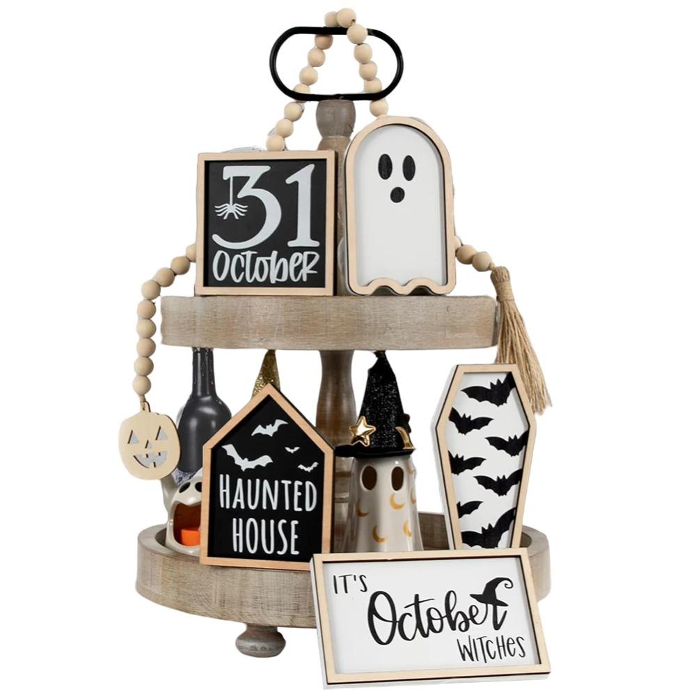 6pcs Eco-friendly Halloween Tiered Tray Decor Set Wooden Desktop Ornaments  Haunted House