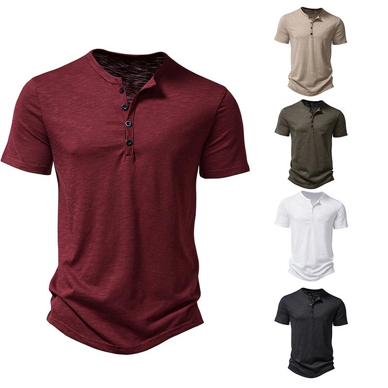 T-shirt da uomo in cotone di bambù con colletto Henley a maniche corte, taglie forti, moda casual europea