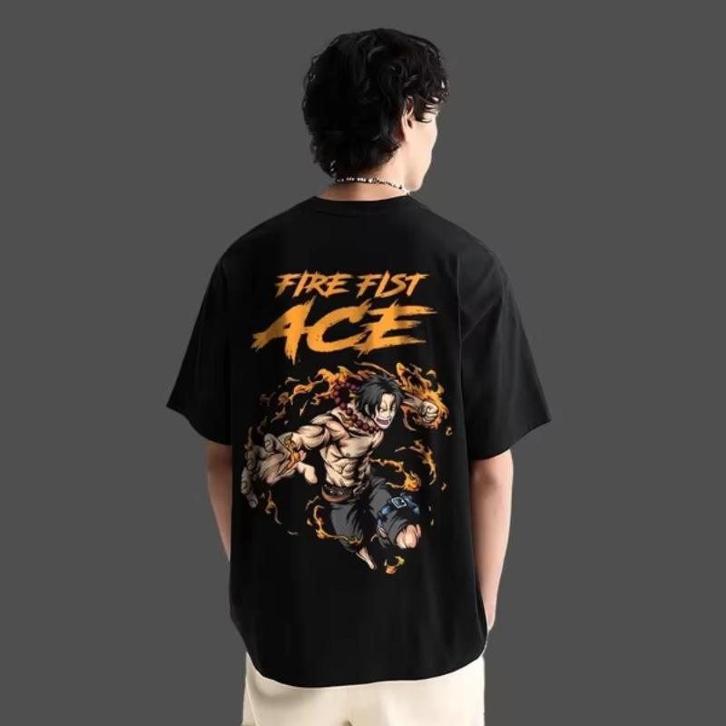 One Piece Anime Portgas D Ace Oversized Katoenen T-shirt Mannen en Vrouwen Ademend Hoge Kwaliteit Y2K Korte Mouw Zomer T-shirt