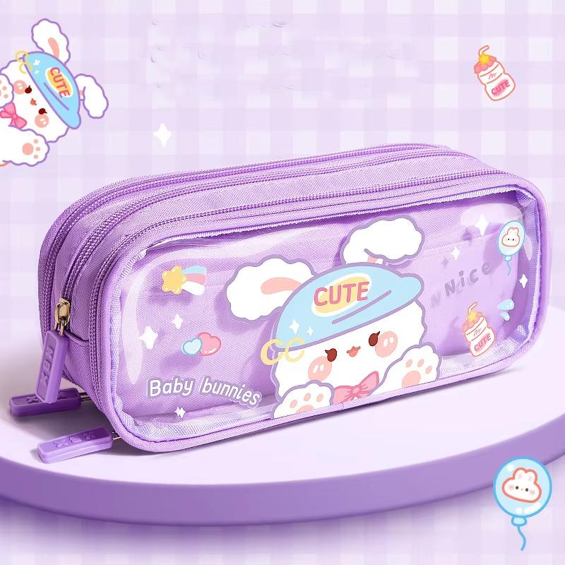 Super Large Capacity Cute Cartoon Canvas Pencil Case High Color Value Primary School Stationery Bag Transparent Plastic Material